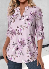 Floral Print Frill Light Purple 3/4 Sleeve Blouse