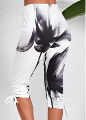 Ink Painting Print Drawstring White Skinny Elastic Waist Pants