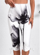 Ink Painting Print Drawstring White Skinny Elastic Waist Pants