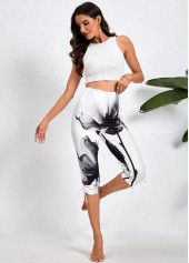Ink Painting Print Drawstring White Skinny Elastic Waist Pants