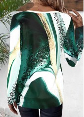 Marble Print Patchwork Green Long Sleeve T Shirt