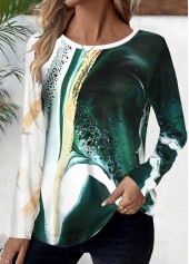 Marble Print Patchwork Green Long Sleeve T Shirt