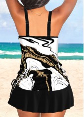 Wave Pattern Print Circular Ring White Tankini Set