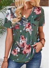 Random Floral Print Tuck Stitch Green T Shirt