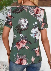 Random Floral Print Tuck Stitch Green T Shirt