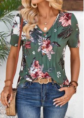 Random Floral Print Tuck Stitch Green T Shirt