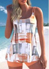 Geometric Print Contrast Binding Orange Tankini Set