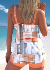 Geometric Print Contrast Binding Orange Tankini Set