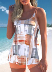 Geometric Print Contrast Binding Orange Tankini Set