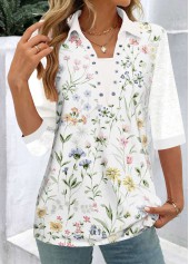 Floral Print Patchwork White Half Sleeve Shirt Collar Blouse