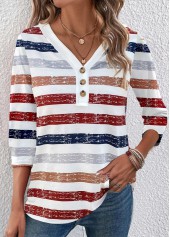 Multi Stripe Print Button Red 3/4 Sleeve T Shirt