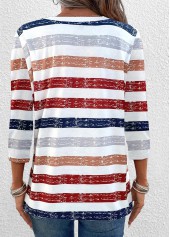 Multi Stripe Print Button Red 3/4 Sleeve T Shirt