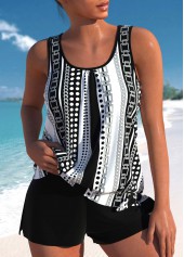Plus Size Black Geometric Print Bowknot Tankini Set