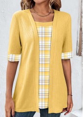 Plaid Fake 2in1 Yellow Half Sleeve T Shirt