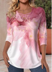 Marble Print Criss Cross Pink Long Sleeve T Shirt