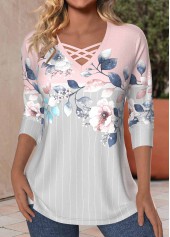Floral Print Criss Cross Light Pink T Shirt