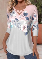 Floral Print Criss Cross Light Pink T Shirt