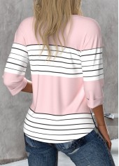 Striped Button Light Pink 3/4 Sleeve Round Neck Blouse