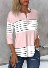 Striped Button Light Pink 3/4 Sleeve Round Neck Blouse