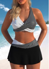 Patchwork Striped Surplice Black Bikini Set