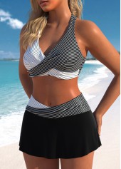 Patchwork Striped Surplice Black Bikini Set