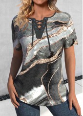 Marble Print Lace Up Dark Grey Marl T Shirt