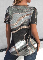 Marble Print Lace Up Dark Grey Marl T Shirt