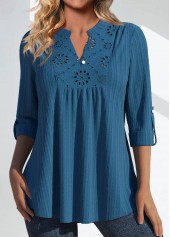 Patchwork Peacock Blue 3/4 Sleeve Split Neck Blouse