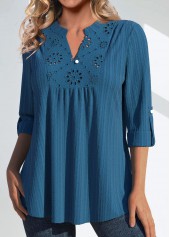 Patchwork Peacock Blue 3/4 Sleeve Split Neck Blouse