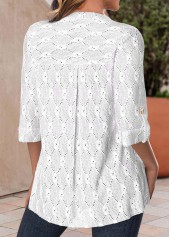 Textured Fabric White 3/4 Sleeve Split Neck Blouse