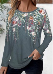 Floral Print Dusty Blue Long Sleeve T Shirt