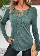 Lace Sage Green Long Sleeve Round Neck T Shirt