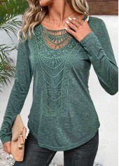 Lace Sage Green Long Sleeve Round Neck T Shirt