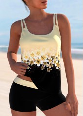 Floral Print Patchwork Light Yellow Tankini Set
