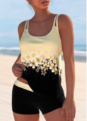 Floral Print Patchwork Light Yellow Tankini Set