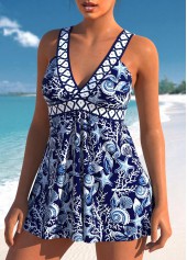 Marine Life Print Patchwork Navy Swimdress and Panty