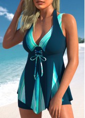 Marble Print Lace Up Peacock Blue Tankini Set