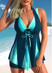 Marble Print Lace Up Peacock Blue Tankini Set