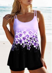 Floral Print Patchwork Light Purple Tankini Set