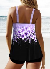 Floral Print Patchwork Light Purple Tankini Set