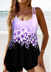 Floral Print Patchwork Light Purple Tankini Set