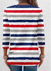 Striped Button Multi Color 3/4 Sleeve T Shirt