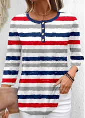 Striped Button Multi Color 3/4 Sleeve T Shirt