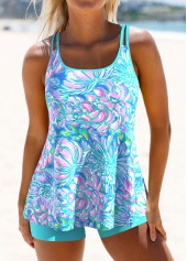 Double Straps Graffiti Print Cyan Tankini Set