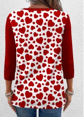 Heart Print Button Wine Red T Shirt