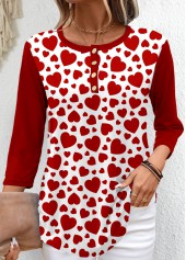 Heart Print Button Wine Red T Shirt