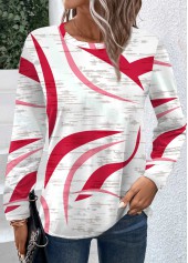 Geometric Print Lightweight Red Long Sleeve T Shirt