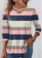Striped Criss Cross Multi Color 3/4 Sleeve T Shirt