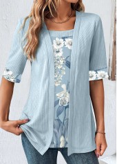 Floral Print Light Blue Fake Two Piece Twinset