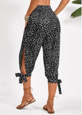 Ditsy Floral Print Split Black Jogger Elastic Waist Pants